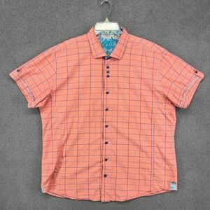 Au Noir Button Down Mens 7 3XL Coral Pink Blue Windowpane Short Sleeve Cotton